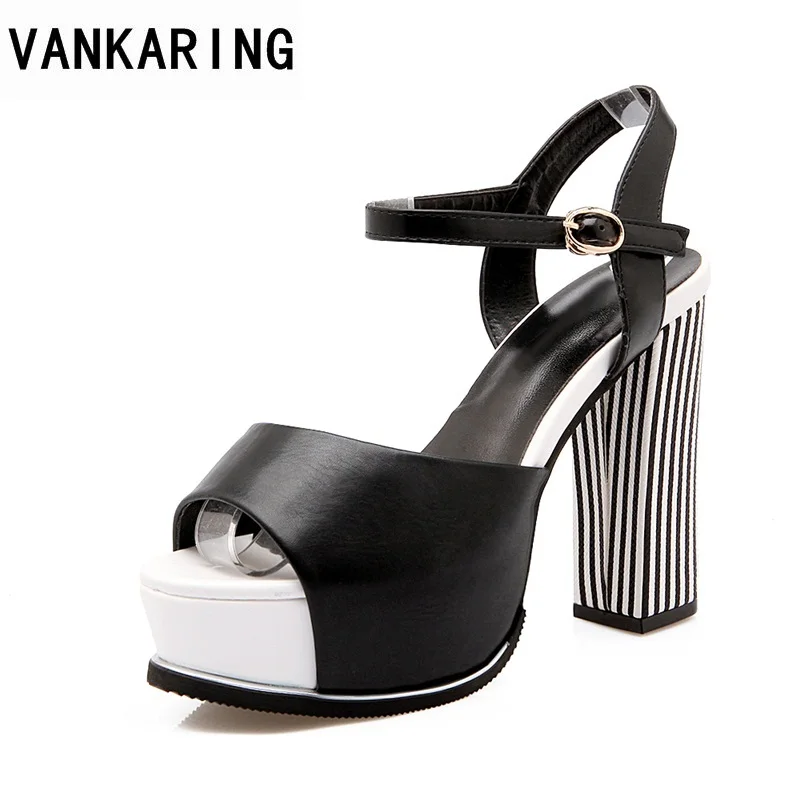 

VANKARING hot sale summer genuine leather super high heels hasp stripe square high heel 2018 fashion party dress women sandals