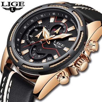 

LIGE Mens Watches Top Brand Luxury Quartz Gold Watch Male Casual Leather Military Waterproof Sport Wristwatch Relogio Masculino