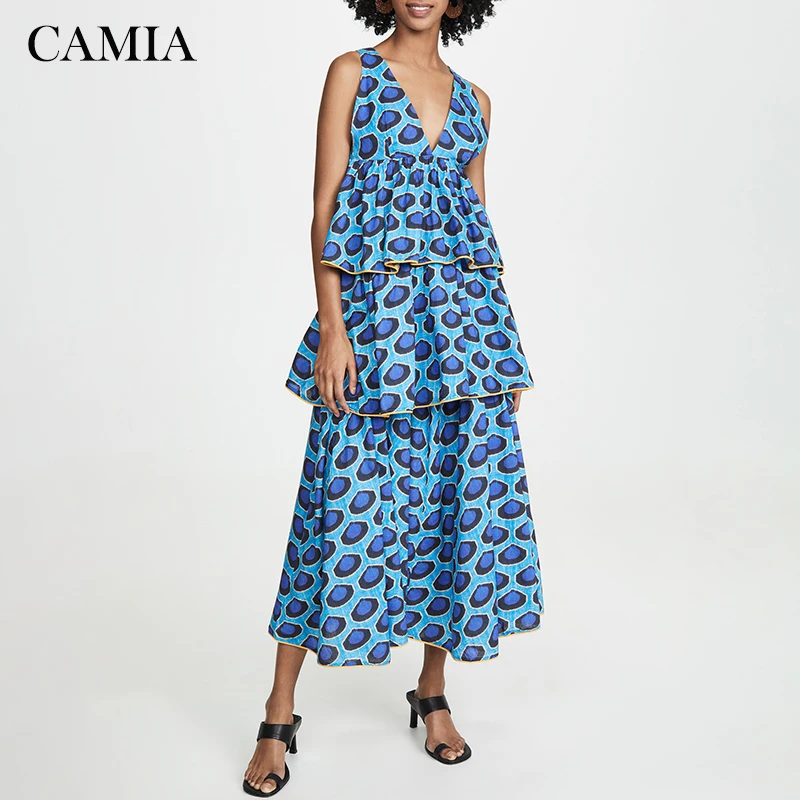 

CAMIA Summer A-line dress V-neck Sleeveless off-the-shoulder ruffled bandage bow loose comfortable print dress