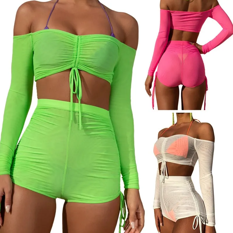 

2019 Summer Off Shoulder 2 Piece Set Women Sheer Mesh Crop Top And Shorts Set Sweat Suits Sexy Beach Two Piece Outfits
