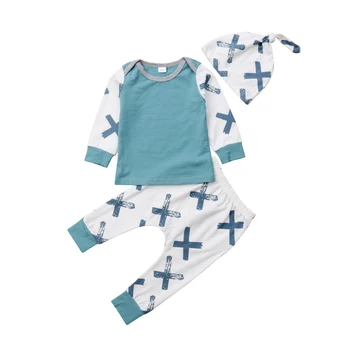 

0-24M Newborn Baby Boy Girl Long Sleeve Cotton T-shirt Tops+Cross Print Pant Hat 3PCS Outfits Autumn Clothes Set