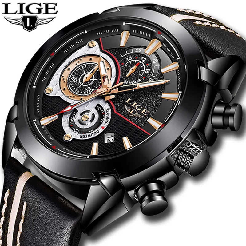 

LIGE Fashion Sports Chronograph Leather Mens Watches Top Brand Luxury Quartz Watch Men Casual Waterproof Watch Relogio Masculino