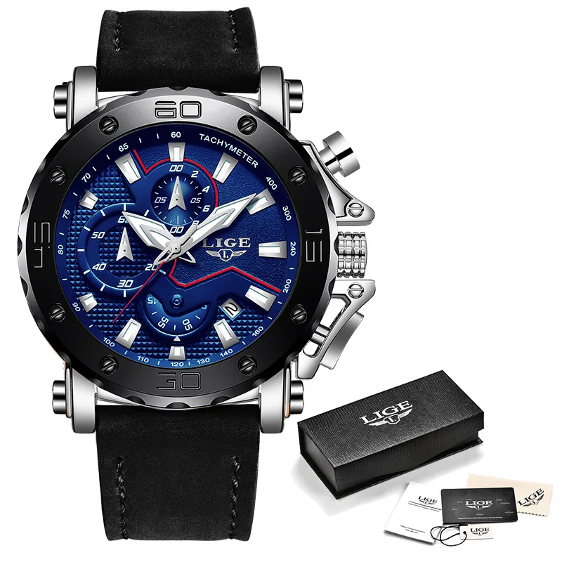Silver Blue LIGE мужские часы, мужские Бизнес часы с хронографом и датой, водонепроницаемые кварцевые часы, мужские повседневные кожаные военные часы с большим циферблатом, Relogio - Цвет: Silver Blue