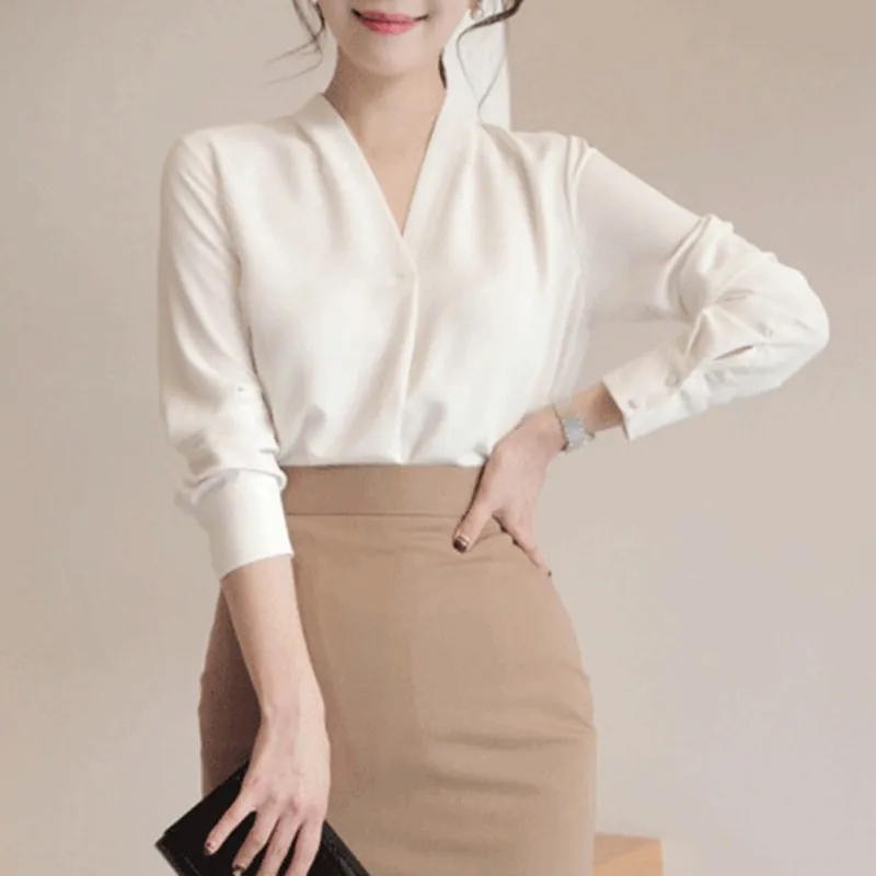 

Office Chiffon Blouse Women Fashion V-neck Long Sleeve white Shirt