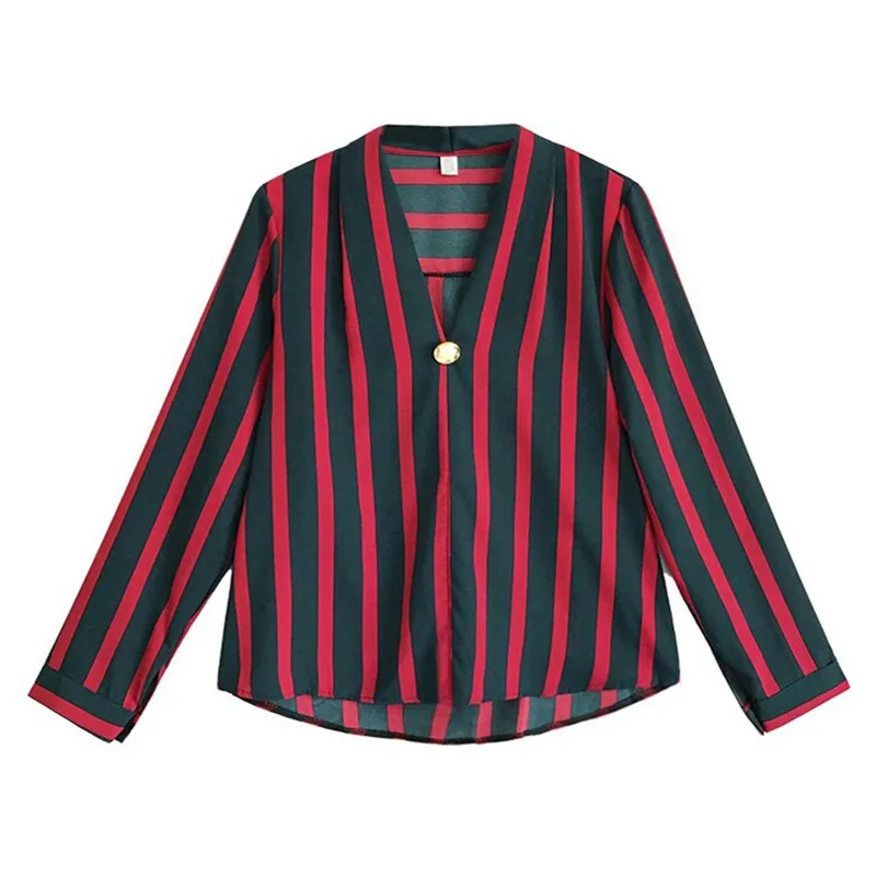 Женская рубашка шифон Blusas полосатый топ с v образным вырезом длинным рукавом