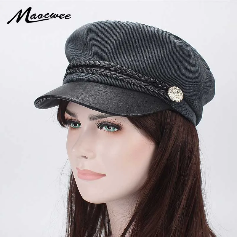 

Army Military Hat Spring summer Vintage Patchwork Beret Cap for Women England Style Flat PU leather Cap Hat Fashion Solid Visor