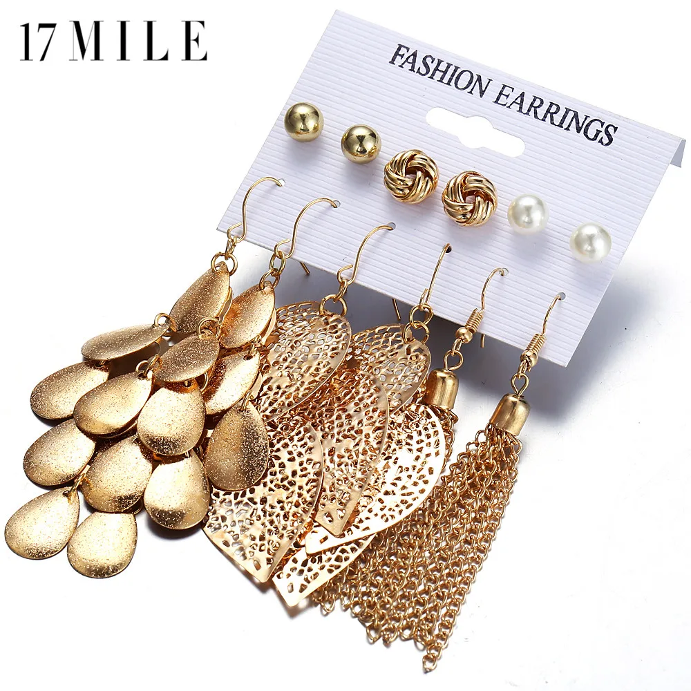 

17MILE Bohemia Leaves Tassel Long Drop Earrings For Women Multilayer Sequins Simulated Pearl Beads Earring Set Statement Jewelry