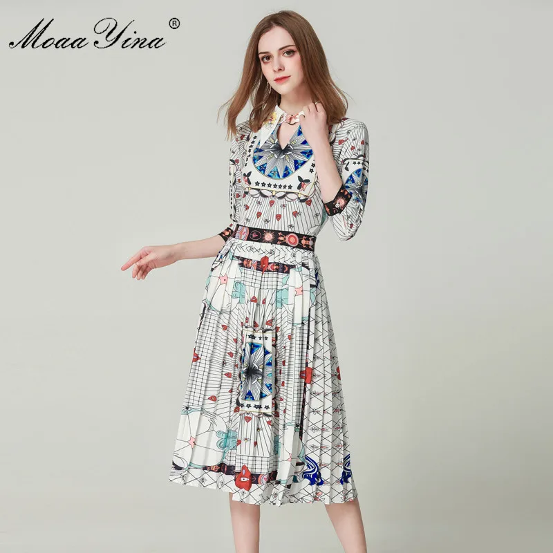 

MoaaYina Fashion Designer Runway Dress Spring Women's Dress Half sleeve Beading Stripe Print Vintage Elegant Pleated Dresses