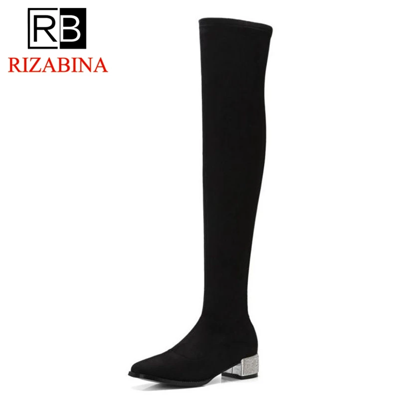 

RizaBina Women Thigh High Boots Genuine Leather Shoes Woman Winter Long Boots Bling Square Heel Fashion Footwear Size 34-39