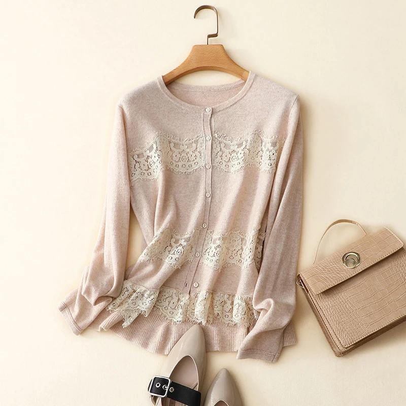 

New Arrival Round Collar Elegant Women Cashmere Wool Cardigan With Lace