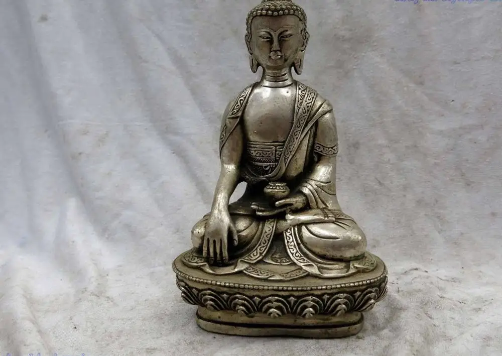 

8" China silver Buddhism beautiful apothecary Medicine Buddha Sculpture Statue