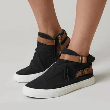 

Women Canvas Shoes Flats Gladiator High Top Buckle Fashion Zipper Denim Shoe Girls Sneakers 2019 Spring Comfort New