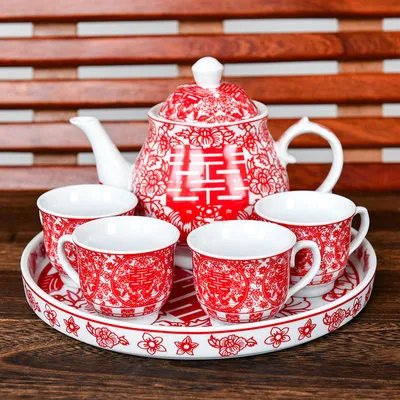 Китайская Свадебная чайная чашка с крышкой, нижняя чайная чаша, дракон, Феникс, керамическая красная чайная чашка, подарок для невесты, приданое, празднование брака - Цвет: 5