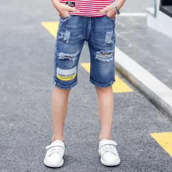 4-13Y Summer Fashion Boy Print Letter Denim Pocket Short Jeans Pants Trousers Elastic Waist Kids Shorts Hole Children's Clothing 1