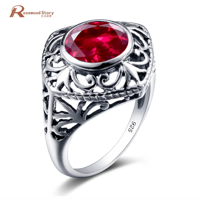 

Vintage Flower Shape 925 Silver Ring Cocktail Ring Fine Jewelry with Created Ruby Stone Rose Rings for Women Wedding Party aneis