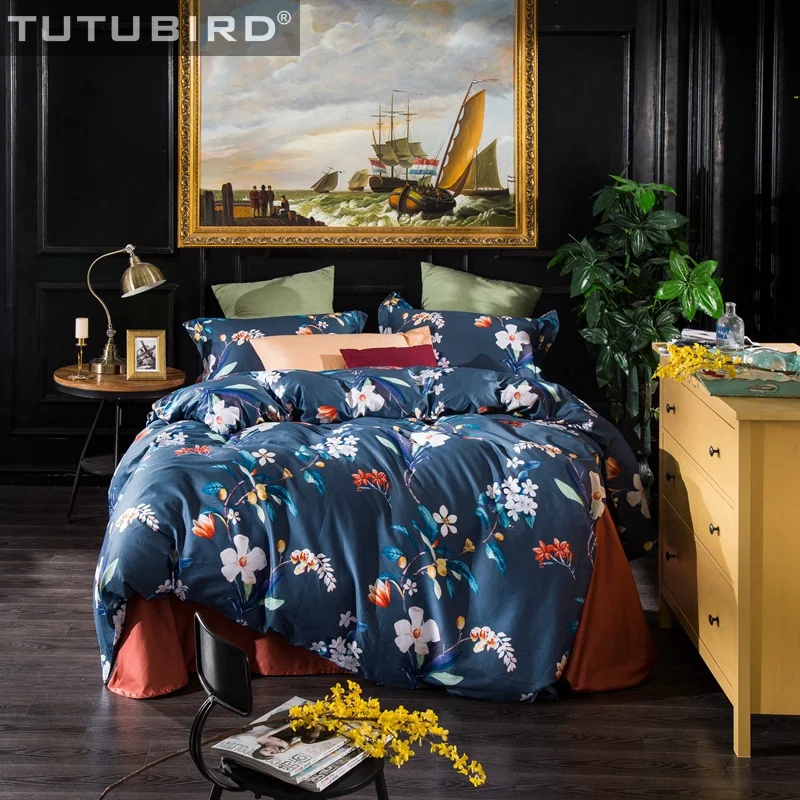 

Luxury Egyptian cotton blue bedding set bed sheet linen spread high count and high density duvet cover queen king pillowcase
