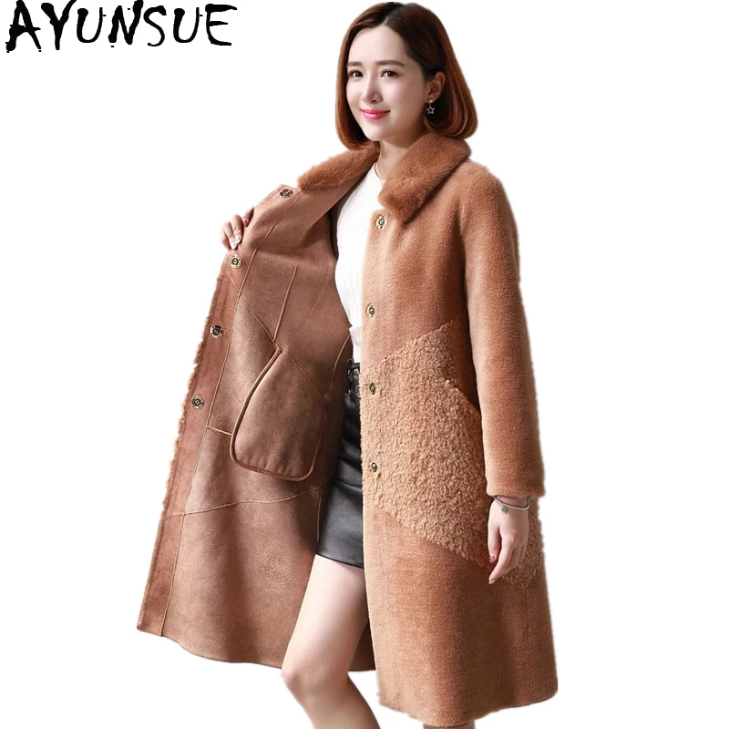 

AYUNSUE Autumn Winter Jacket Women Clothes 2019 Real Wool Fur Coat Natural Mink Fur Collar Long Sheep Shearing Coats 18308