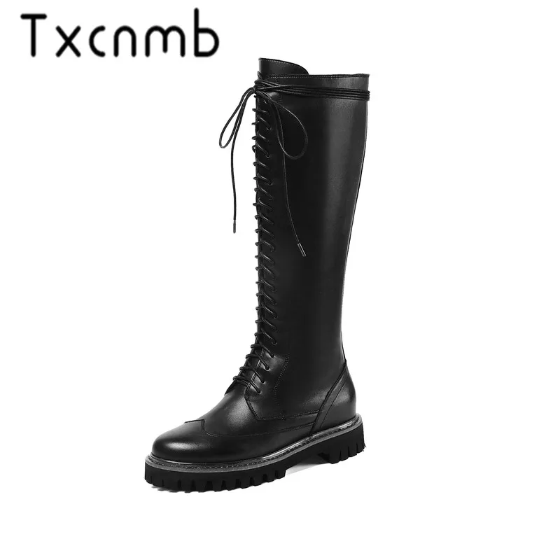 

TXCNMB Fashion Brand Women Knee High Boots Low Heels Autumn Winter Motorcycle Boots Round Toe Genuine Leather Shoes Woman