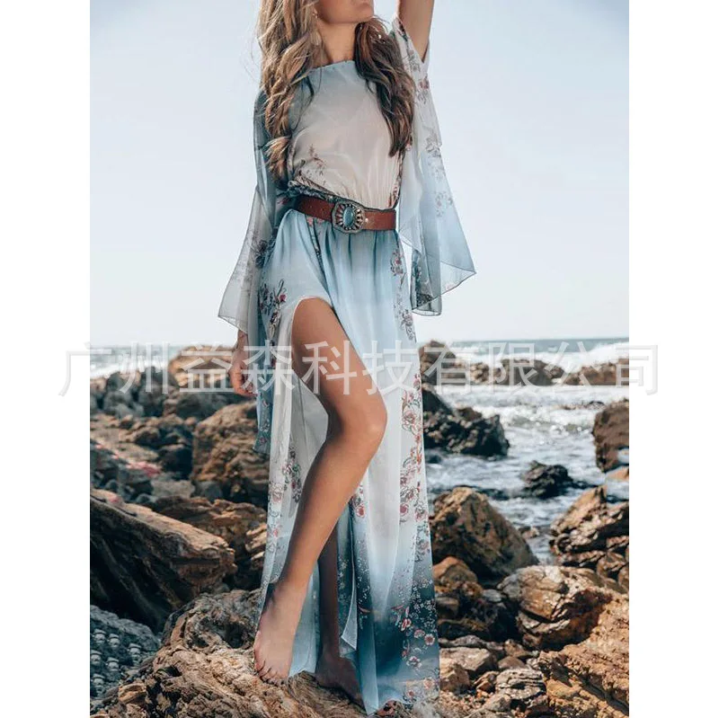 

Print Long Night Club Bohemian Maxi Dresses for Women Flare Sleeve Sashes O-Neck Summer Beach Dresses Ankle-length Vestidos