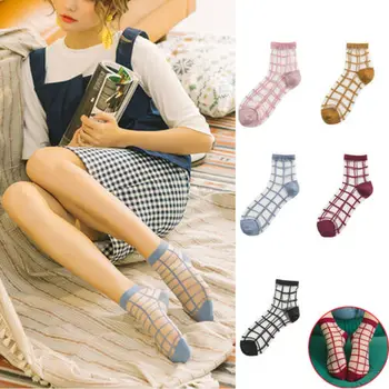 

Women Transparent Thin Simple Lace Striped Socks Crystal Glass Silk Short Socks