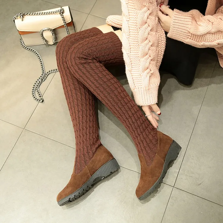 Kopen Lage Hakken Winter Warme Sok Laarzen Schoenen Vrouw Zwart Grijs Stretch Stof Schoenen Wol Breien Koe Split Over de knie Laarzen Flats