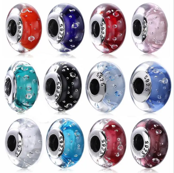 

925 Sterling Silver sparkling 12 Colors Clear CZ Murano Glass Beads Fits Original Pandora Charm Bracelet Jewelry Making DIY Gift