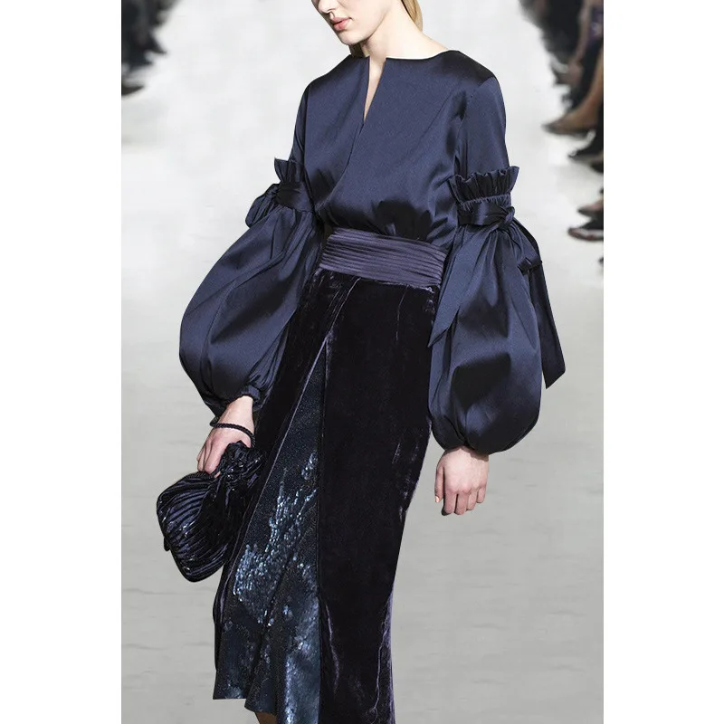 

Plus Size S-XXXL Elegant Women Velvet Skirt Suits Puff Sleeve Blouse Slim Skirt Runway Skinny Twin Sets High Quality