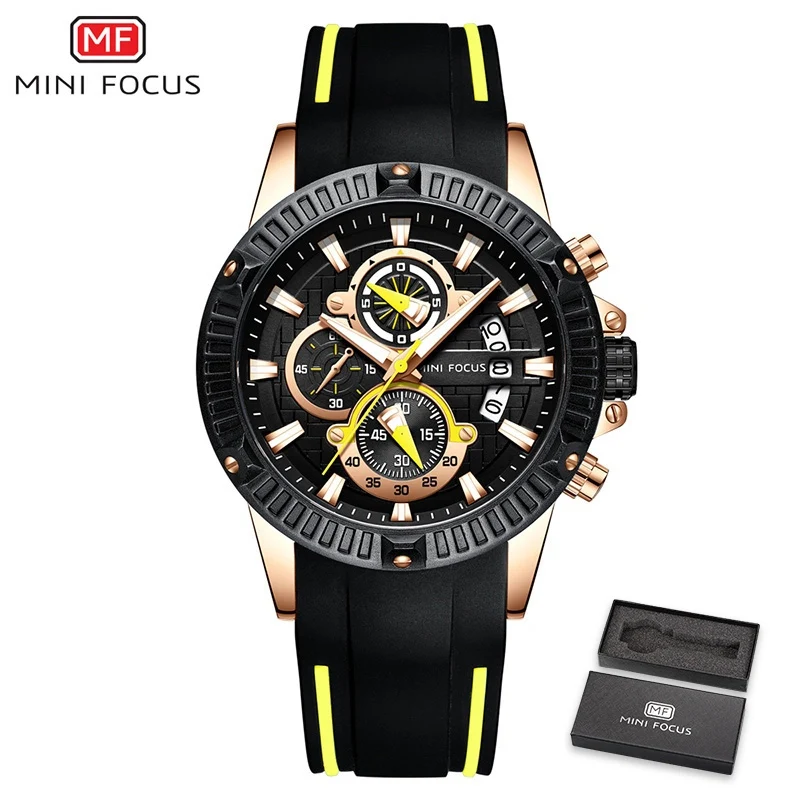 MINIFOCUS хронограф мужские s часы брендовые Роскошные Повседневные Спортивные кварцевые Силиконовые наручные часы водонепроницаемые мужские наручные часы - Цвет: Black Yellow