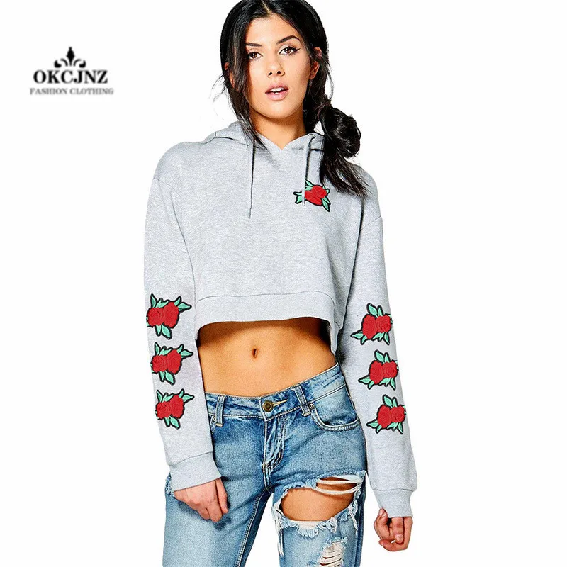 2019 вышитые розы с капюшоном с длинным рукавом Sweatershirts Европейский Стиль моды короткий параграф Повседневное диких дамы блузка X0261
