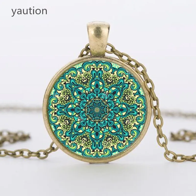 Vintage henna yoga pendant necklaces handmade India jewelry bloom mandala lotus necklace om symbol buddhism bijoux - Image 2