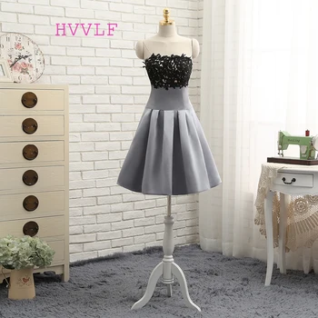 

New Gray Homecoming Dresses A-line Strapless Knee Length Appliques Lace Black Cocktail Dresses