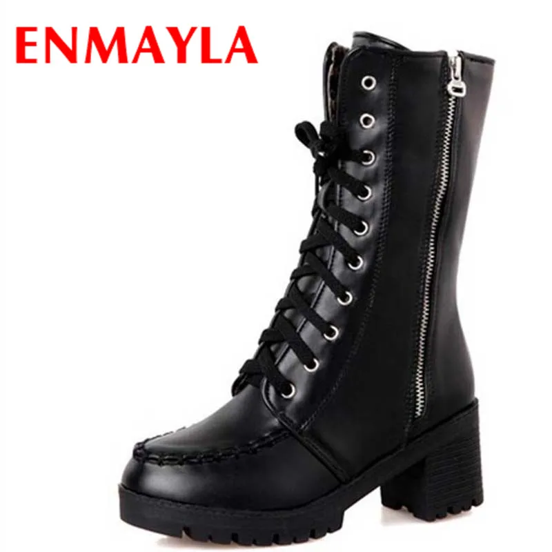

ENMAYLA New Women Boots Zipper Lace Up Platform Boots Round Toe Mid High Heel Martin Boots for Women Bog Size 34-43 Sale