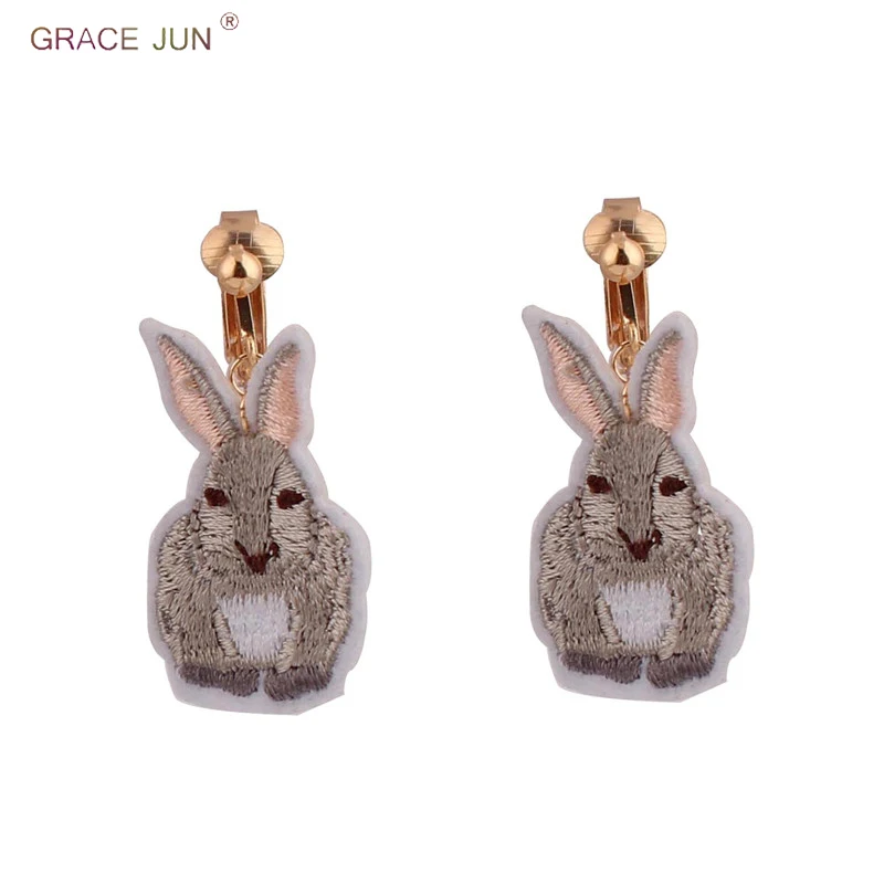 

GRACE JUN Clip on Earrings for Women Fashion Without Pierced Embroidery Cloth Rabbit No Hole Earrings Factory Wholesale Price