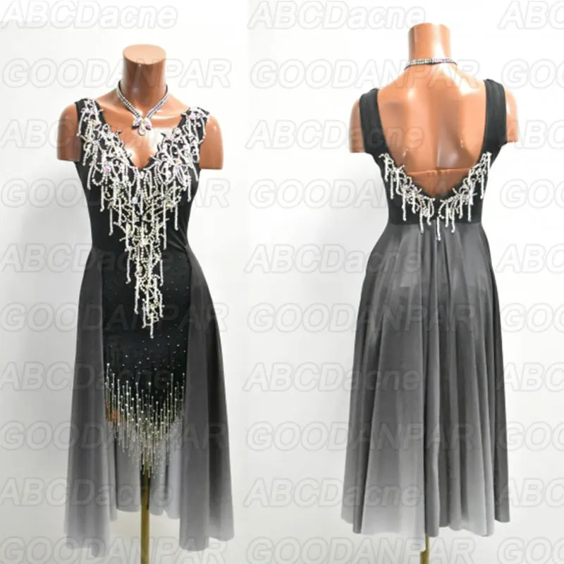 

latin dance dress women black rhinestones Beaded tassel latin dance dress backless dress for Cha Cha Rumba Tango dancing