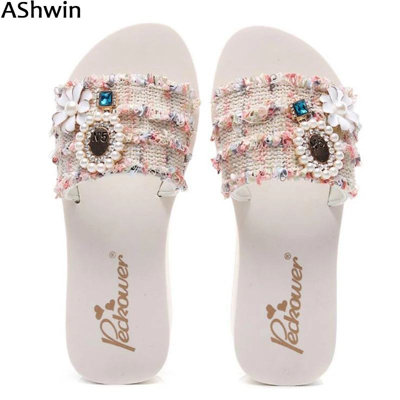 

AShiwn summer women sandals fashion slides slippers high heels wedge platform bohemia pearls crystals outdoor beach slipper shoe