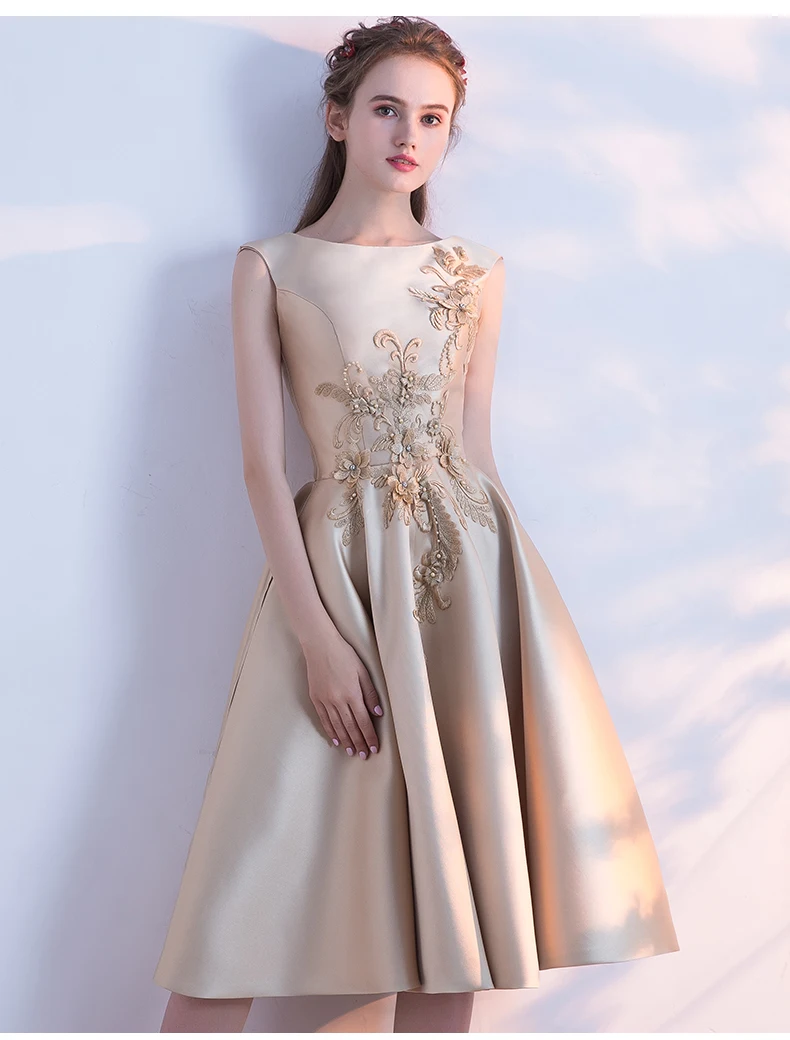 Золотое вечернее платье новые весенние благородные элегантные вечерние платья средней длины для выпускного вечера с аппликацией бисером и круглым вырезом без рукавов от кутюр