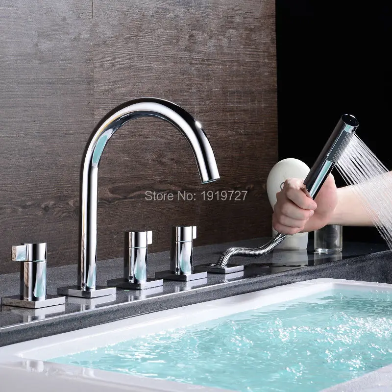 

Bathtub Sink Round Style Gooseneck Water Outlet Faucet Shower Deck Mount Bath Tub Mixer Tap With Pull Out Handheld Shower Spray