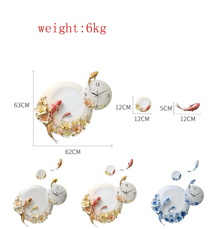 Роскошные индивидуальные рельефные настенные часы для дома гостиной 3D настенные рыбки цветы Фреска смолы часы Свадебные украшения ремесла Искусство