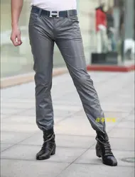 Для мужчин новая модная Корейская кожа Штаны серый дым тонкий мужской брюки ночной клуб спектакли Большие размеры Кожаные Мотоциклетные
