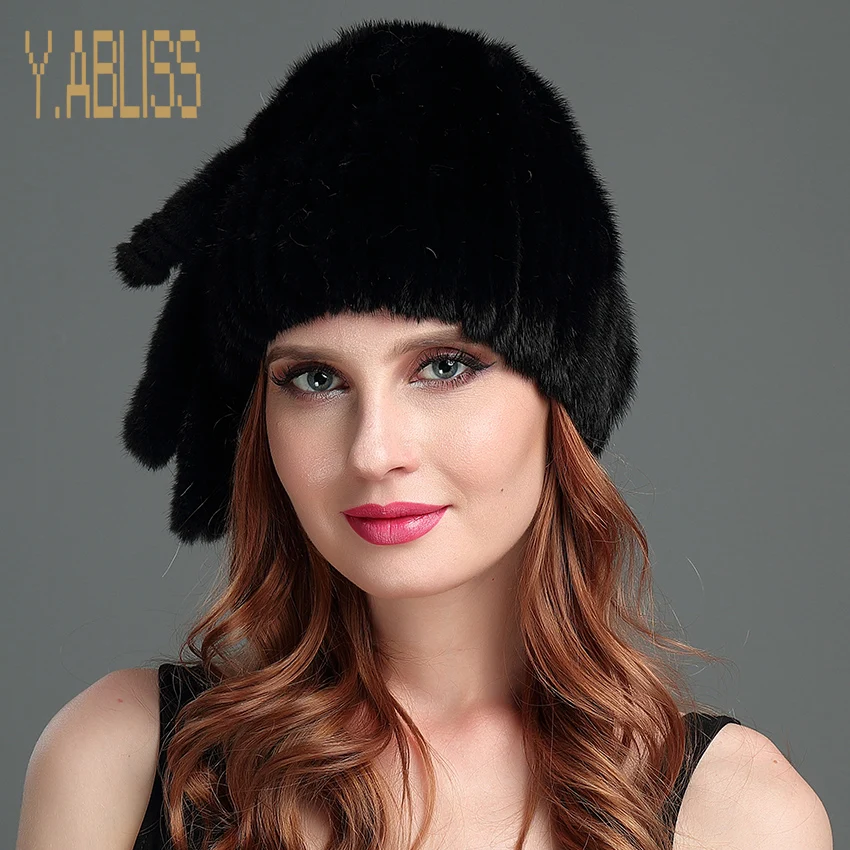 Winter Mink Fur Hats for Ladies with Tassel Real Mink Fur Knitted Hat