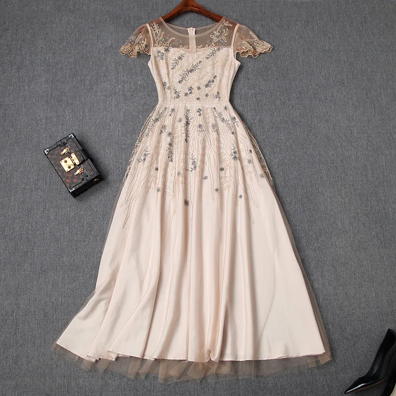 

Women floral embroidery beading night party dress ruffles short sleeve a-line ankle length elegant dresses 2019 summer
