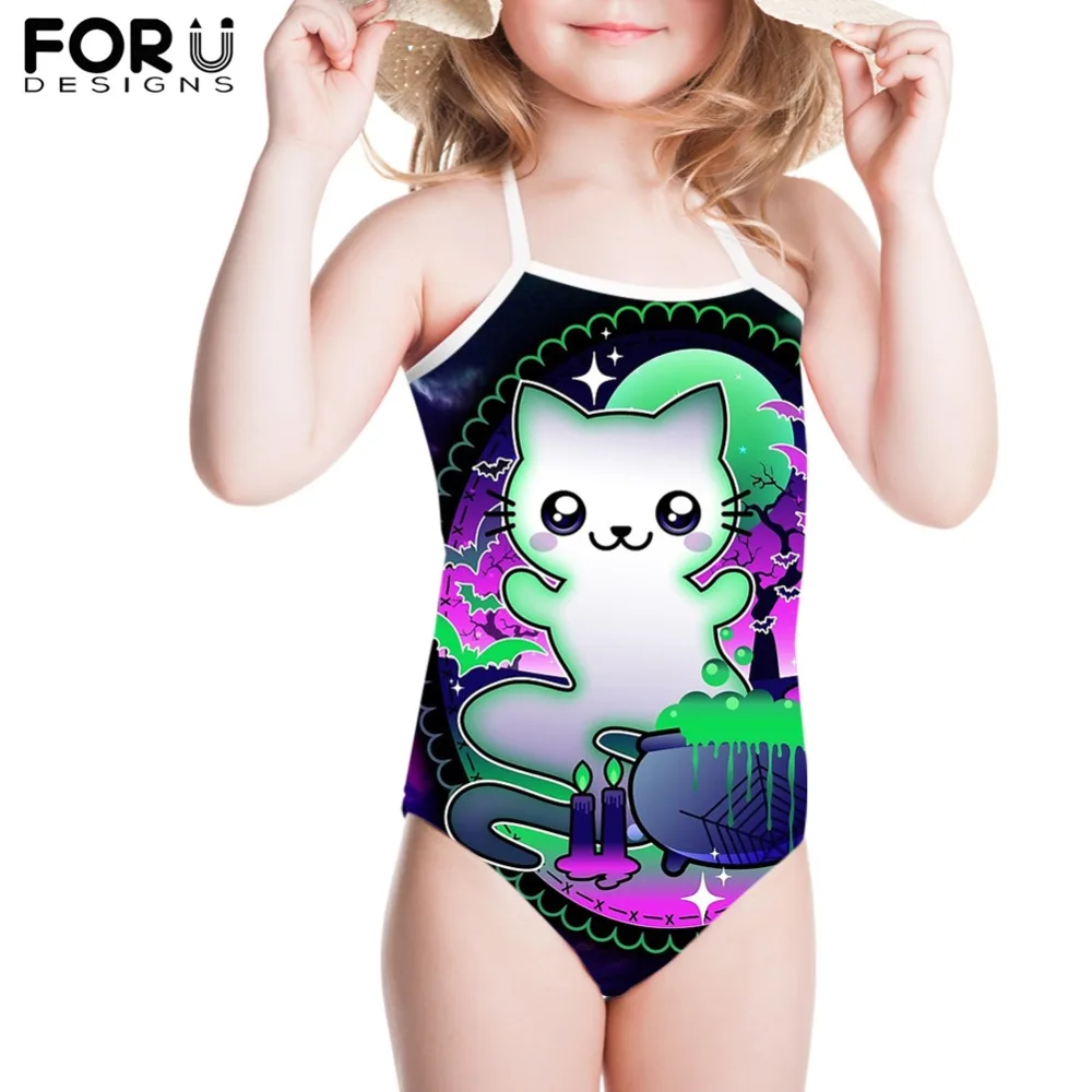 

FORUDESIGNS Cute Cartoon Gothic Ghost Cat Swimsuit Girls 3-8 Year One-Piece Swimsuit Little Girl Soft Bodysuit Beach Swimwear