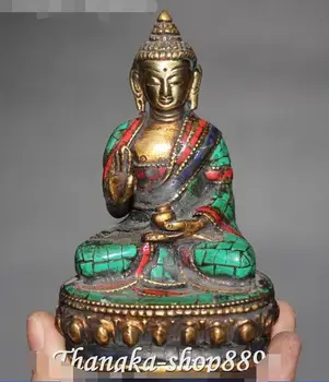 

10CM Buddhism Turquoise Coral Bronze Shakyamuni Sakyamuni Amitabha Buddha Statue