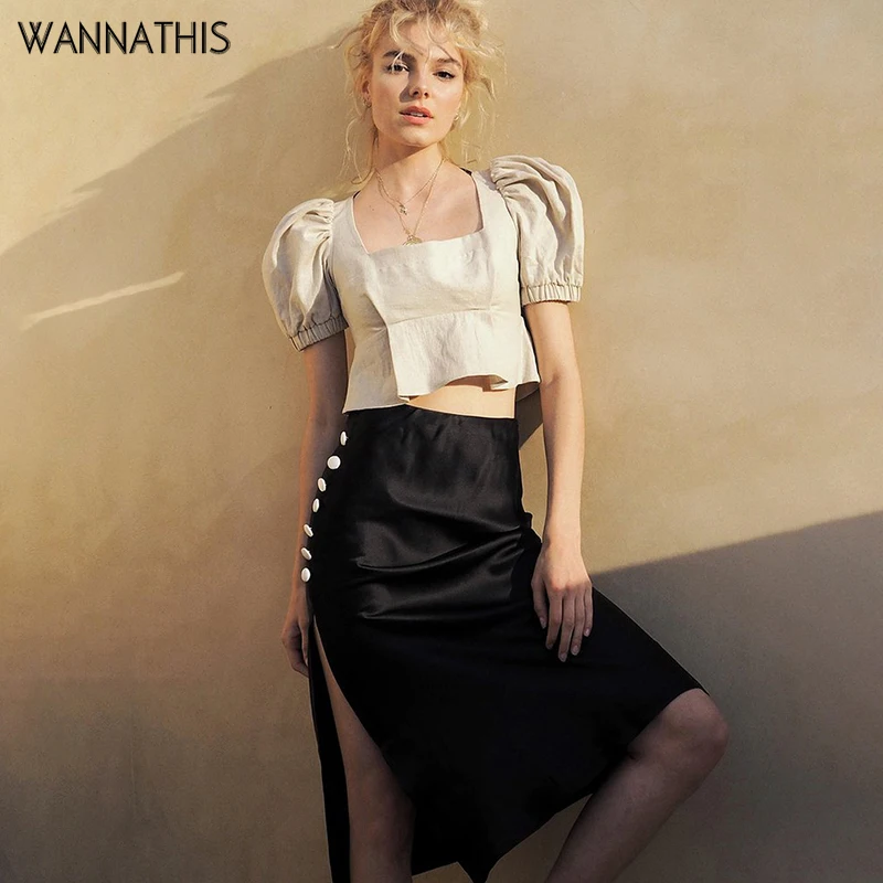 

WannaThis Satin Silk High Waist Skirt Mid-Calf Women Summer Button Solid Black Elegant Split Sexy Two Piece With Bottom Short