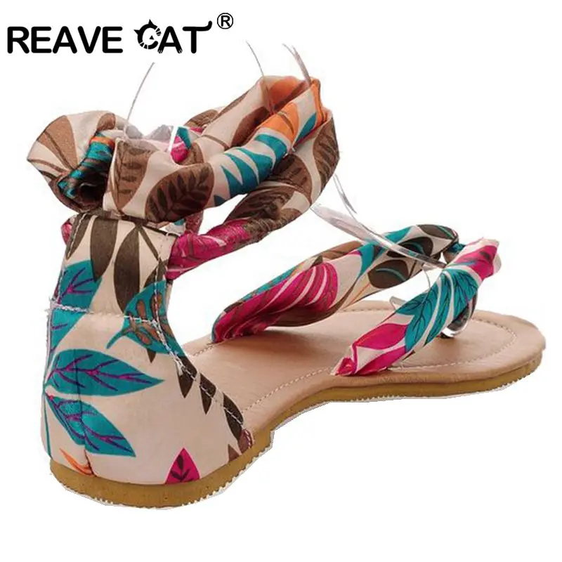 Reave Cat/Большие размеры 34-43 Т ремень Красочные пляж плоский каблук Сандалии для девочек Женская летняя обувь Сандалии для девочек изящные дамские босоножки с лентой, для отдыха