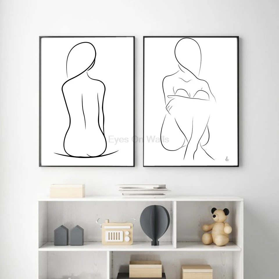 Сидя одна линия рисунок силуэт минималистский Искусство Холст плакат живопись черный белый абстрактная картина печать Современный домашний декор