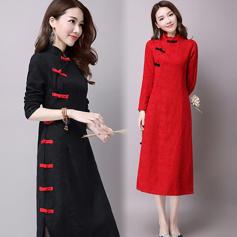 

2018 Autumn and Winter Chinese National Style Top Linen Dress Female Long Sleeved Cotton Linen Dresses Spring Outwear Clothing