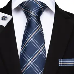 DiBanGu классический синий желтый Для мужчин плед галстук 100% шелк Галстук, носовой платок, запонки галстук Бизнес Свадебный галстук комплект