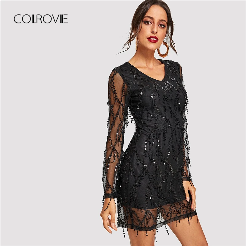 

COLROVIE Black Sheer Mesh Fringe Overlay Sequin Party Dress Women Spring V Neck Tassel Bodycon Sexy Dress Night Out Mini Dresses