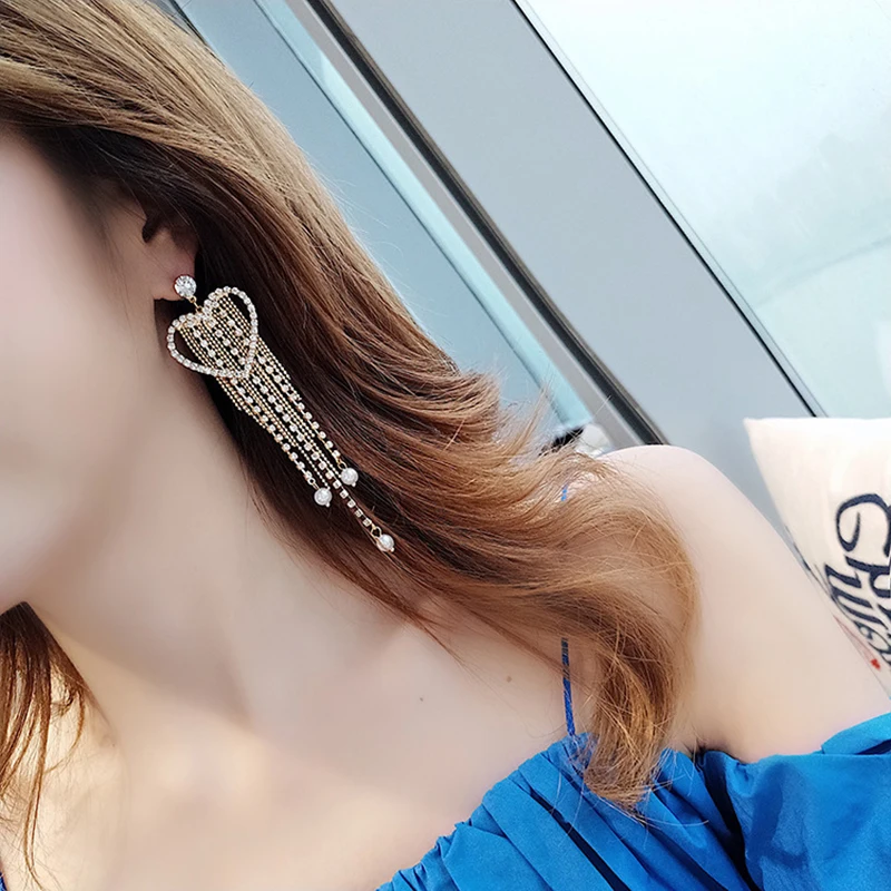 

New Korean Girl Heart-shaped Earrings Rhinestones Pearl Earrings Fashion Pearl Crystal Tassel Earrings Gold Silver Oorbellen